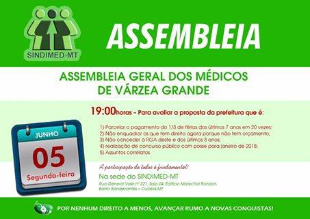 Assembleia Geral ExtraordinÃ¡ria dos MÃ©dicos Servidores de VÃ¡rzea Grande, prÃ³xima segunda-feira(05.06