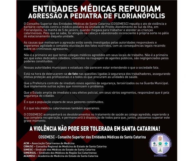  SC: Entidades mÃ©dicas repudiam agressÃ£o a pediatra de FlorianÃ³polis