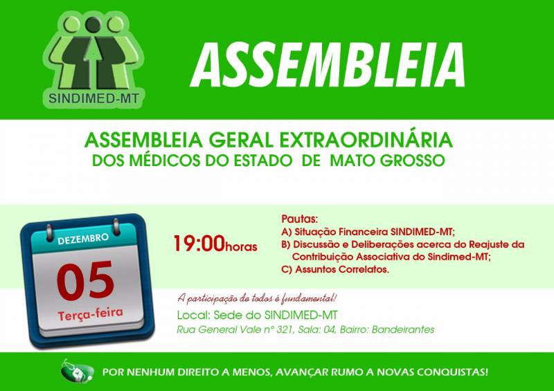 Assembleia discutirÃ¡ SituaÃ§Ã£o Financeira e Reajuste da ContribuiÃ§Ã£o Associativa do Sindimed-MT